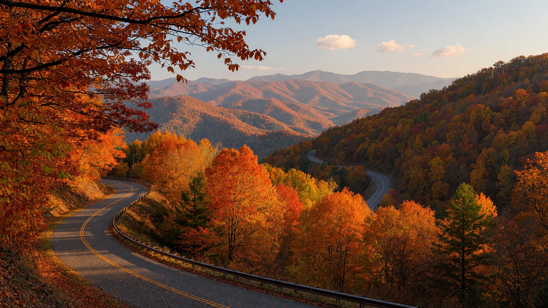 North Georgia mountain ridges in full autumn color seen from a winding mountain road