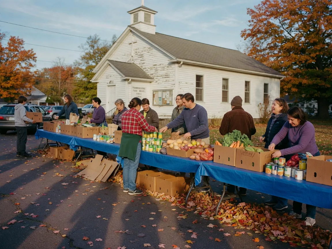 Volunteers sorting boxes of canned goods and fresh produce at a community food drive on an autumn afternoon