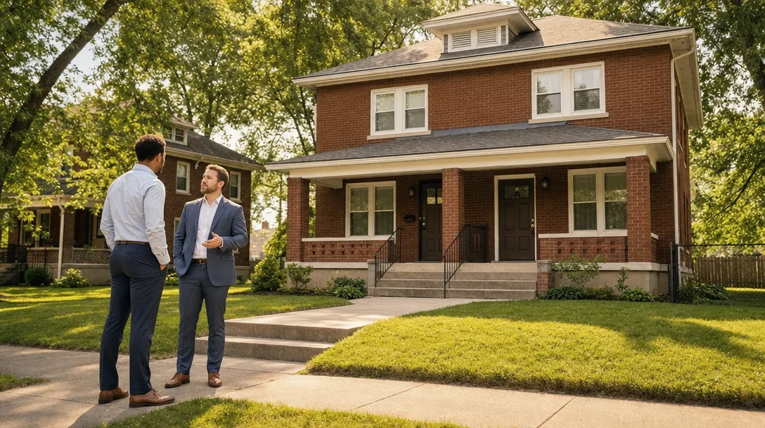 A well-maintained brick duplex investment property in Dayton Ohio with a shared front porch and green yard