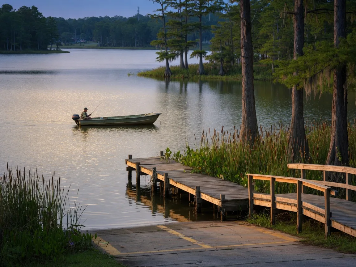 Lake Agnes in Polk City, Florida with a boat ramp, wooden dock, and cypress shoreline in late afternoon light