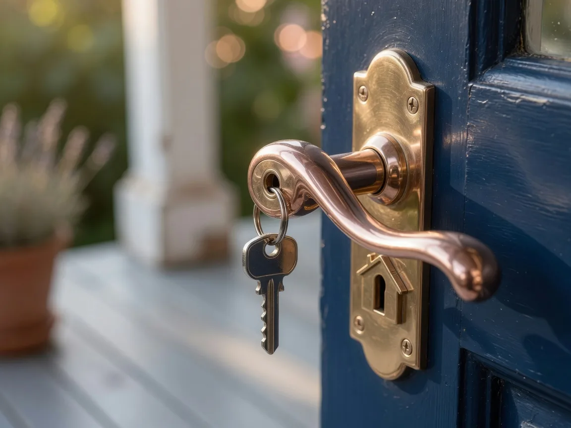 Brass house key and handle on a deep navy front door