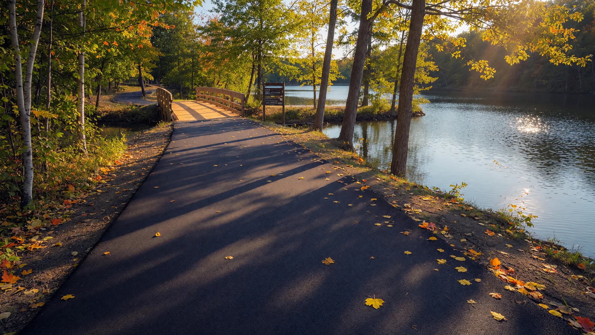 A newly paved multi-use trail running along the north shore of a Michigan lake with golden autumn leaves
