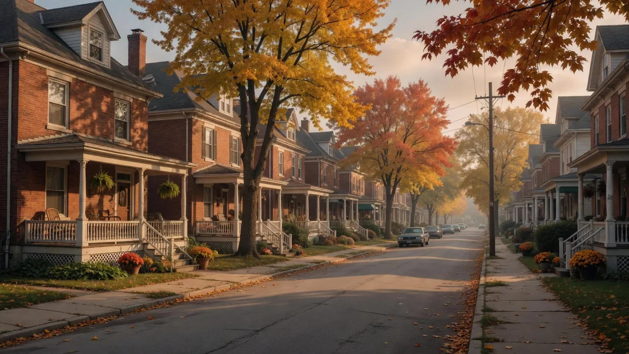A wide residential street lined with stately brick and clapboard homes in autumn