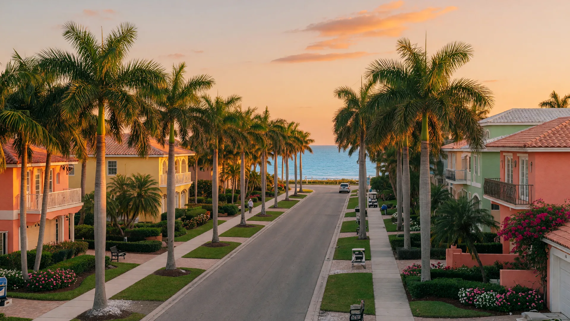 A palm-lined coastal boulevard in Florida at golden hour, with a glimpse of the Atlantic between Mediterranean-style homes.