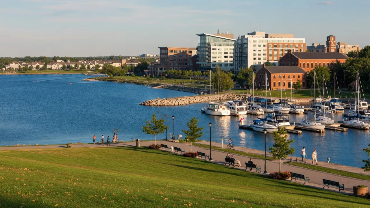 Oshawa Lake Ontario waterfront park with marina and sailboats