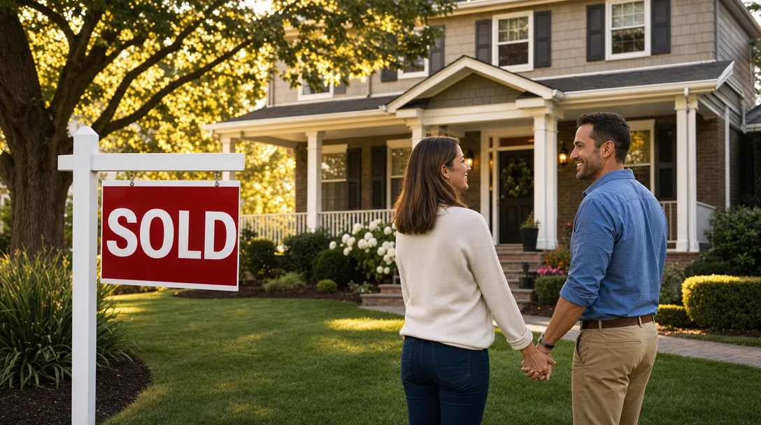 Colonial home in an Essex County neighborhood with a SOLD sign out front at golden hour