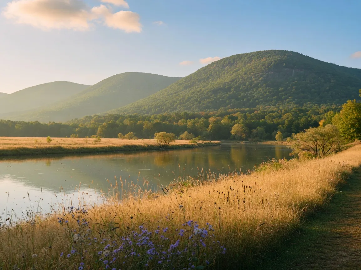 Sunlit meadow and Lehigh River at the foot of Blue Mountain on a clear morning