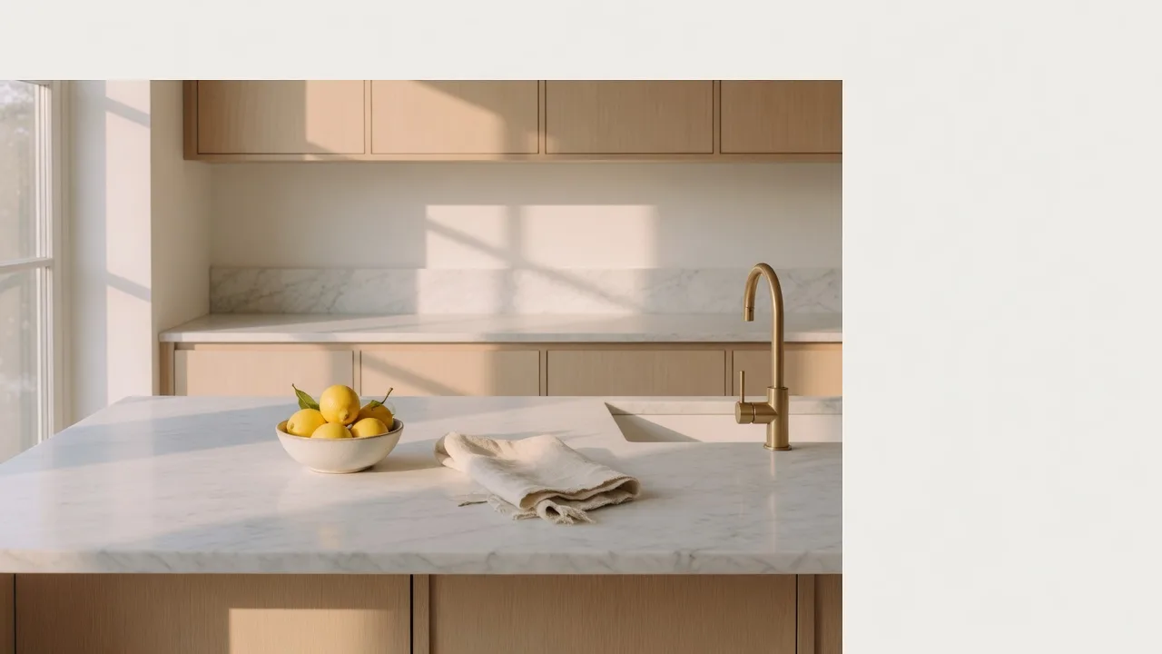 A quiet, newly finished modern kitchen with honed white marble counters, brushed brass fixtures, pale oak cabinetry, and a bowl of lemons in warm morning light