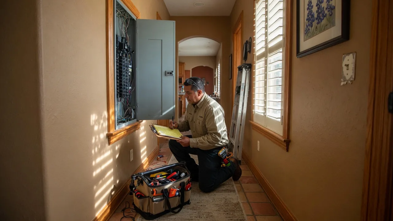 A certified home inspector in San Antonio kneeling beside an open electrical panel in a sunlit Texas home, clipboard in hand with a tool tote and ladder nearby