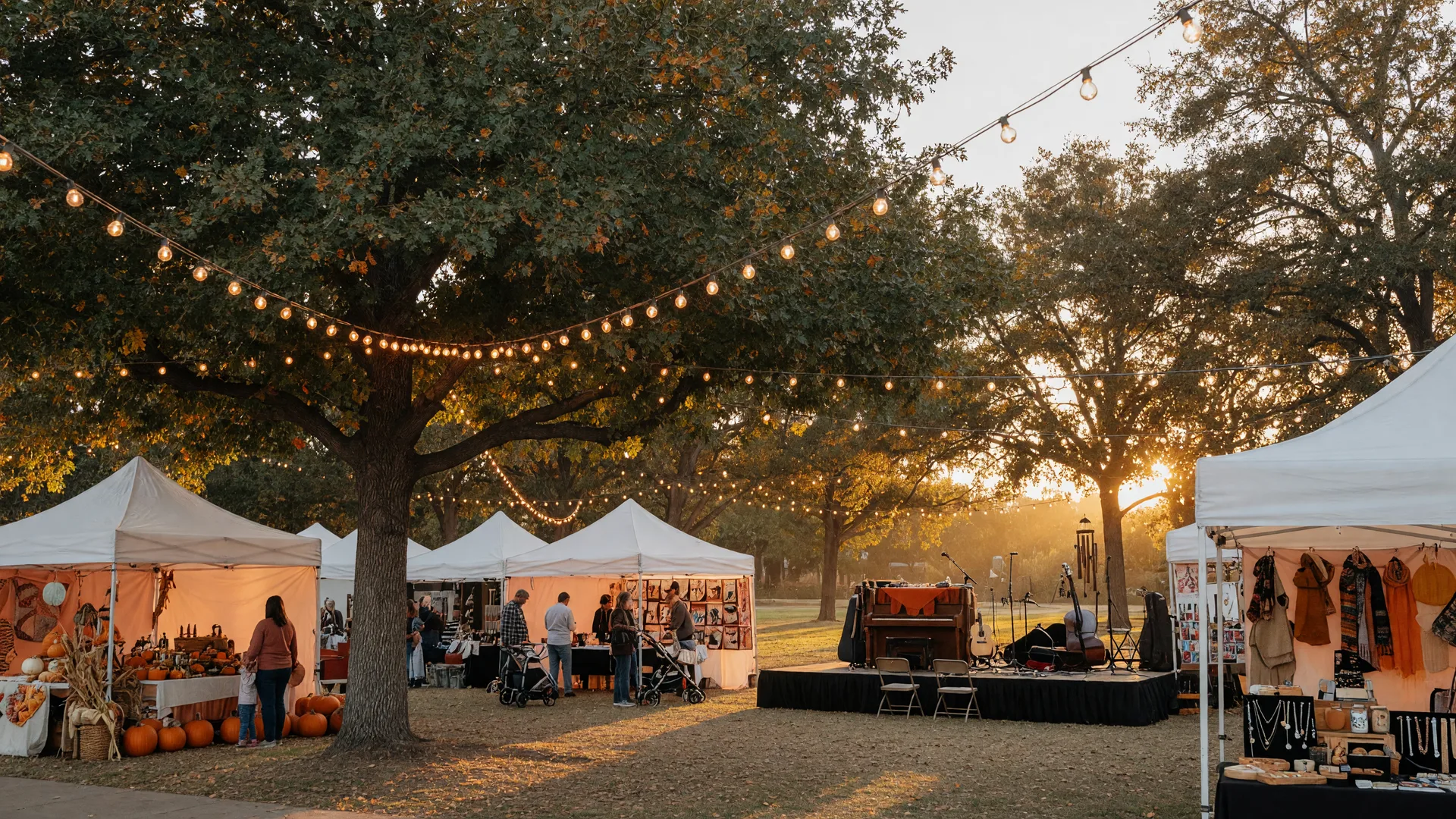 An autumn music and craft market festival at golden hour with string lights, vendor tents, and pumpkins in a Santa Clarita Valley park