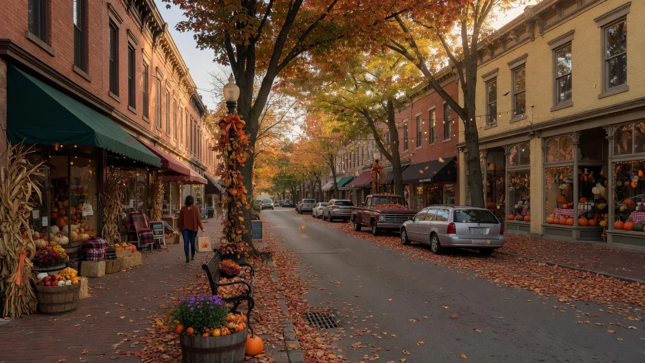 A historic downtown Wilmington Ohio street scene in autumn with brick storefronts, colorful fall leaves, and warm golden-hour light