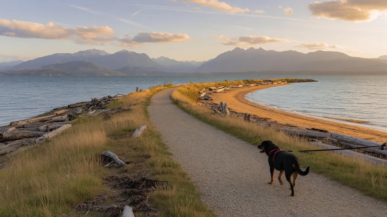 Whiffin Spit in Sooke BC with a dog walking along the gravel path and the Olympic Mountains visible across the water