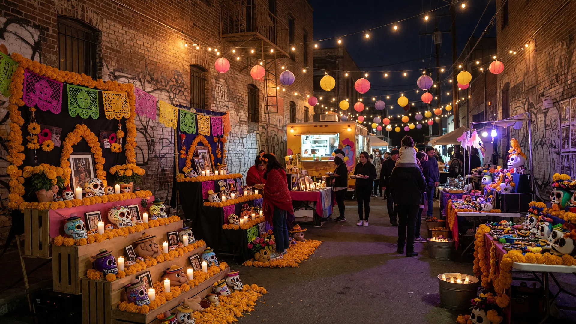 Día de los Muertos ofrenda altars with marigolds, papel picado banners, and glowing string lights at the Tulsa Arts District festival at night