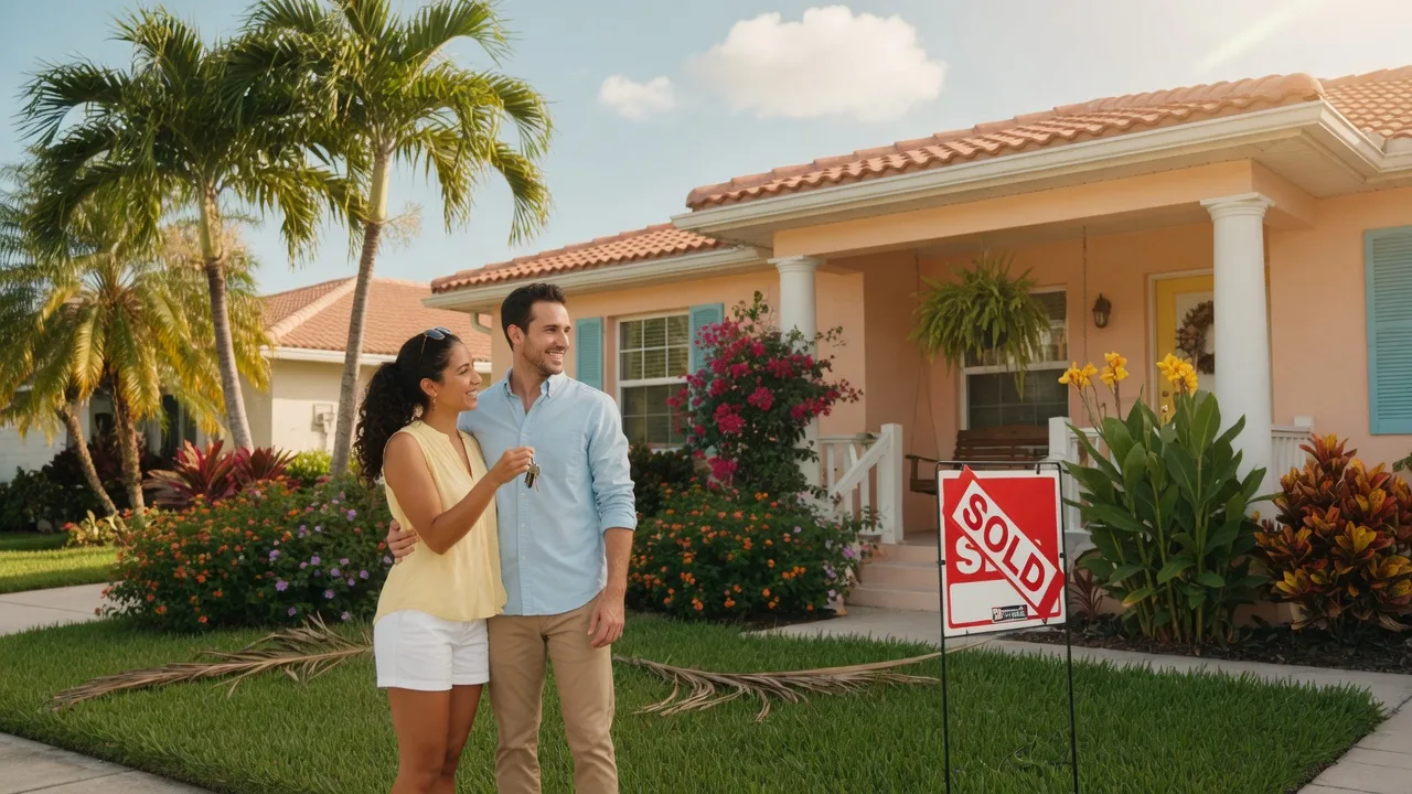 New homeowners standing in front of their Florida home with a Sold sign in the yard