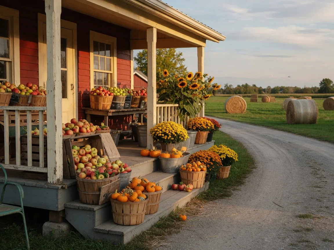 A red-and-cream Ontario farm market porch in mid-September stacked with crates of apples, small pumpkins, golden mums and sunflowers