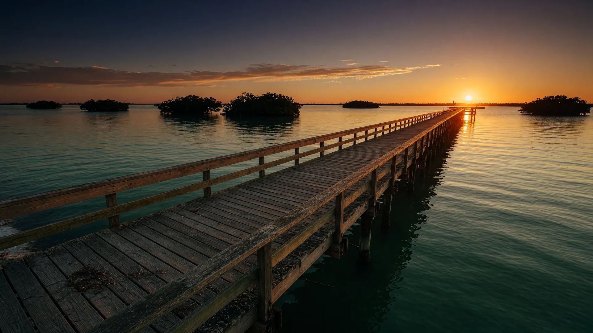 Wooden fishing pier reaching into the Gulf of Mexico at golden hour