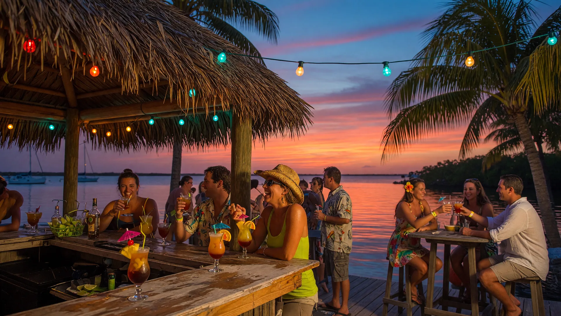 Lively tiki bar at golden hour in the Florida Keys with colorful string lights overhead, rum cocktails on the bar, and a spectacular sunset over Florida Bay