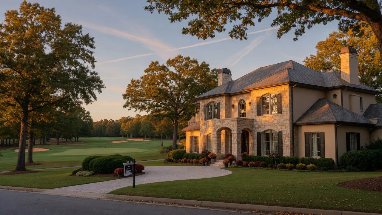 Luxury stone and stucco estate home in an upscale Georgia golf course community in early October with a For Sale sign and turning autumn leaves