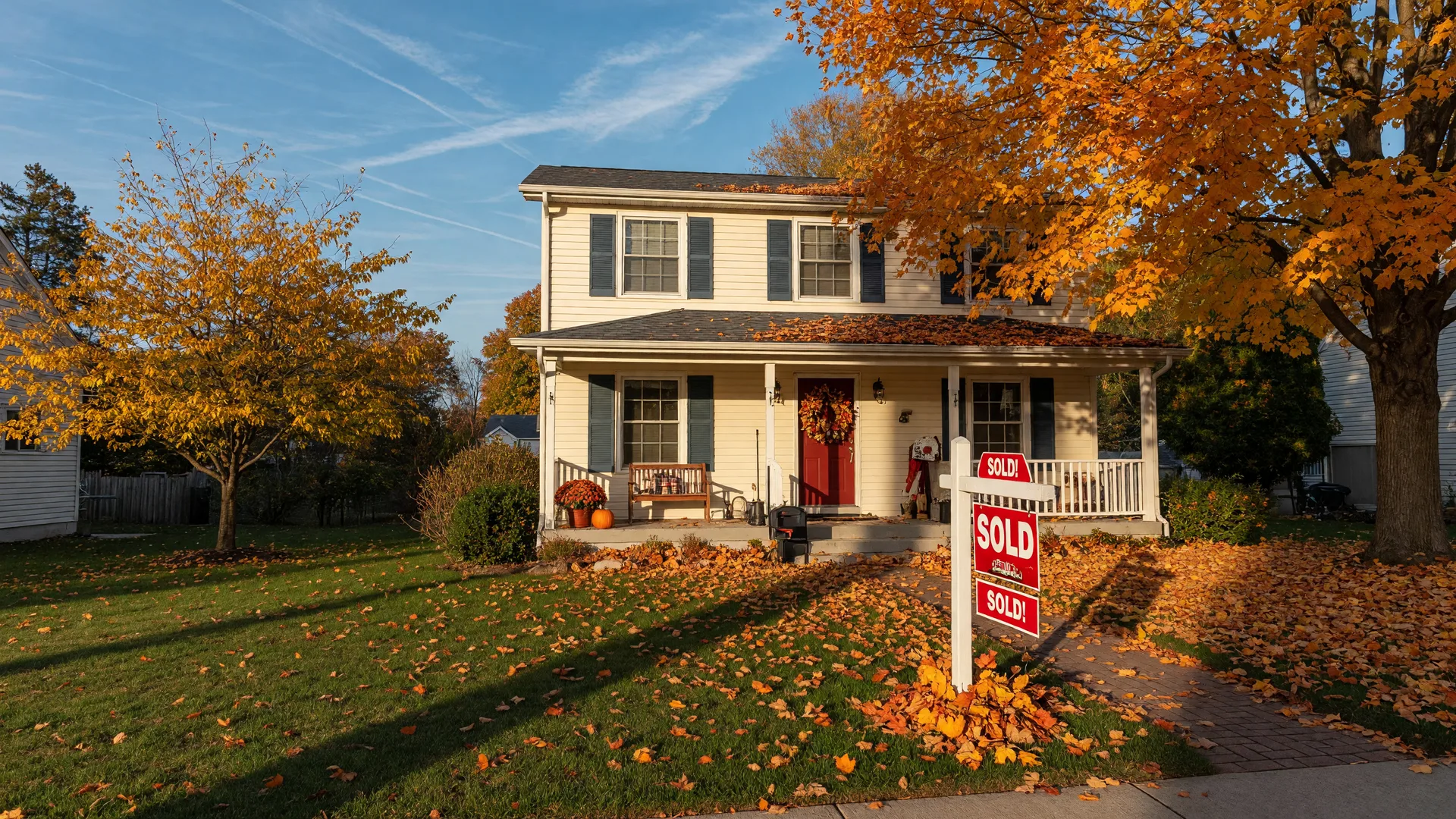 Suburban home with SOLD sign in autumn with golden leaves and warm afternoon light