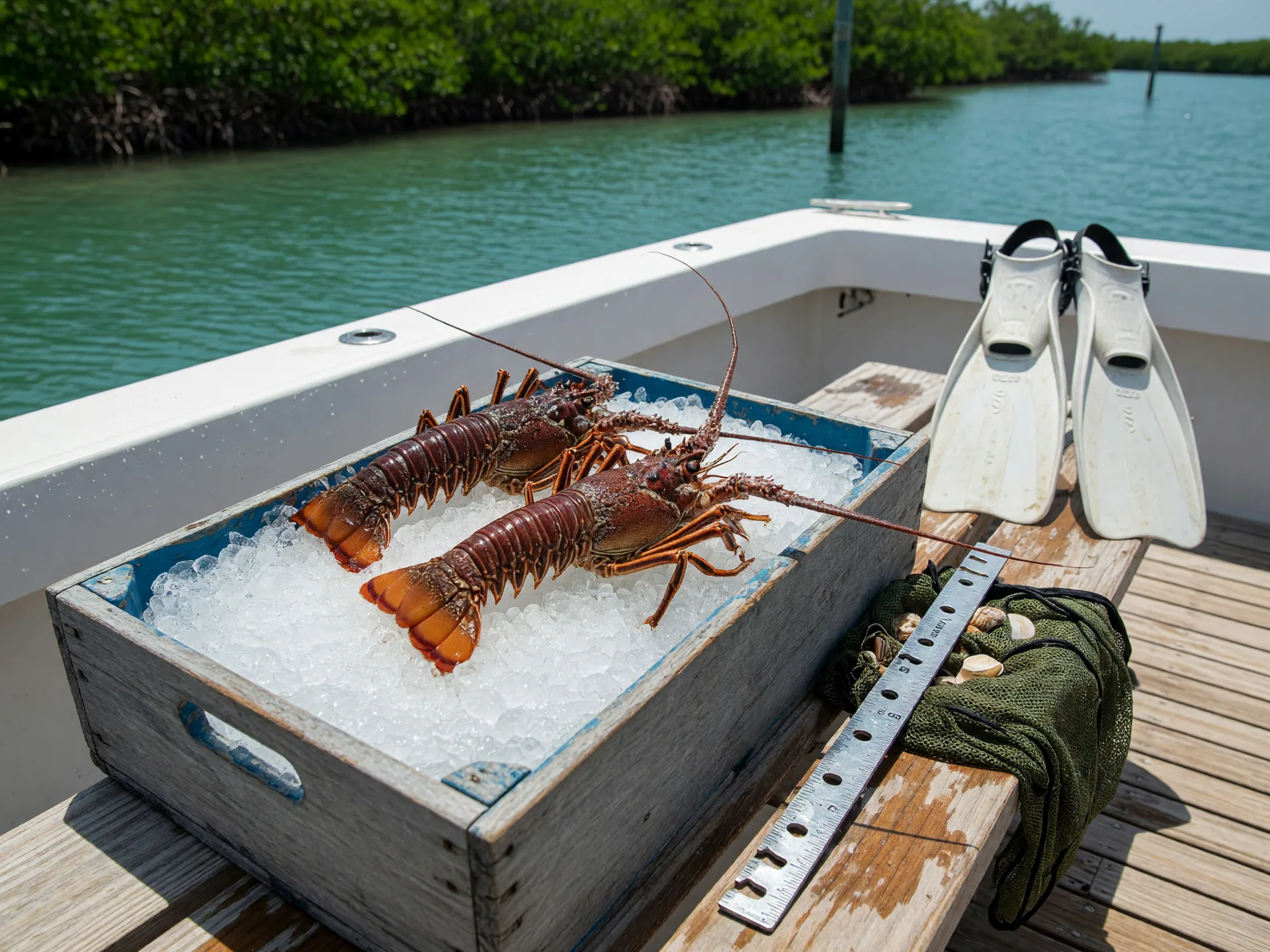 Two fresh Florida spiny lobsters on crushed ice in a wooden crate on a Keys boat deck in bright midday light, dive fins, a lobster gauge, and a mesh bag nearby, turquoise water and a mangrove shoreline softly blurred beyond