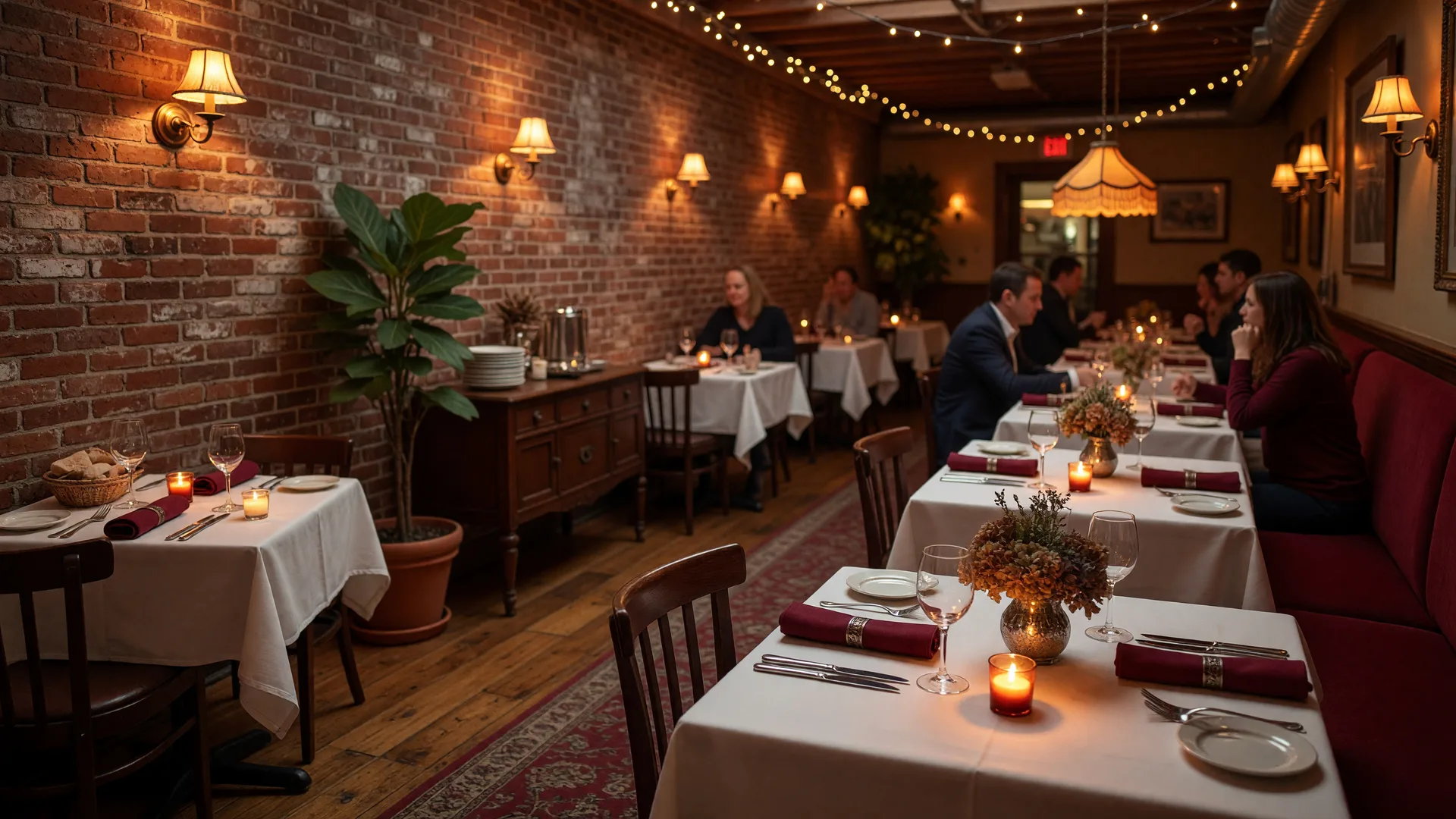 Warm and inviting restaurant interior in Marlton NJ with exposed brick and candlelit tables