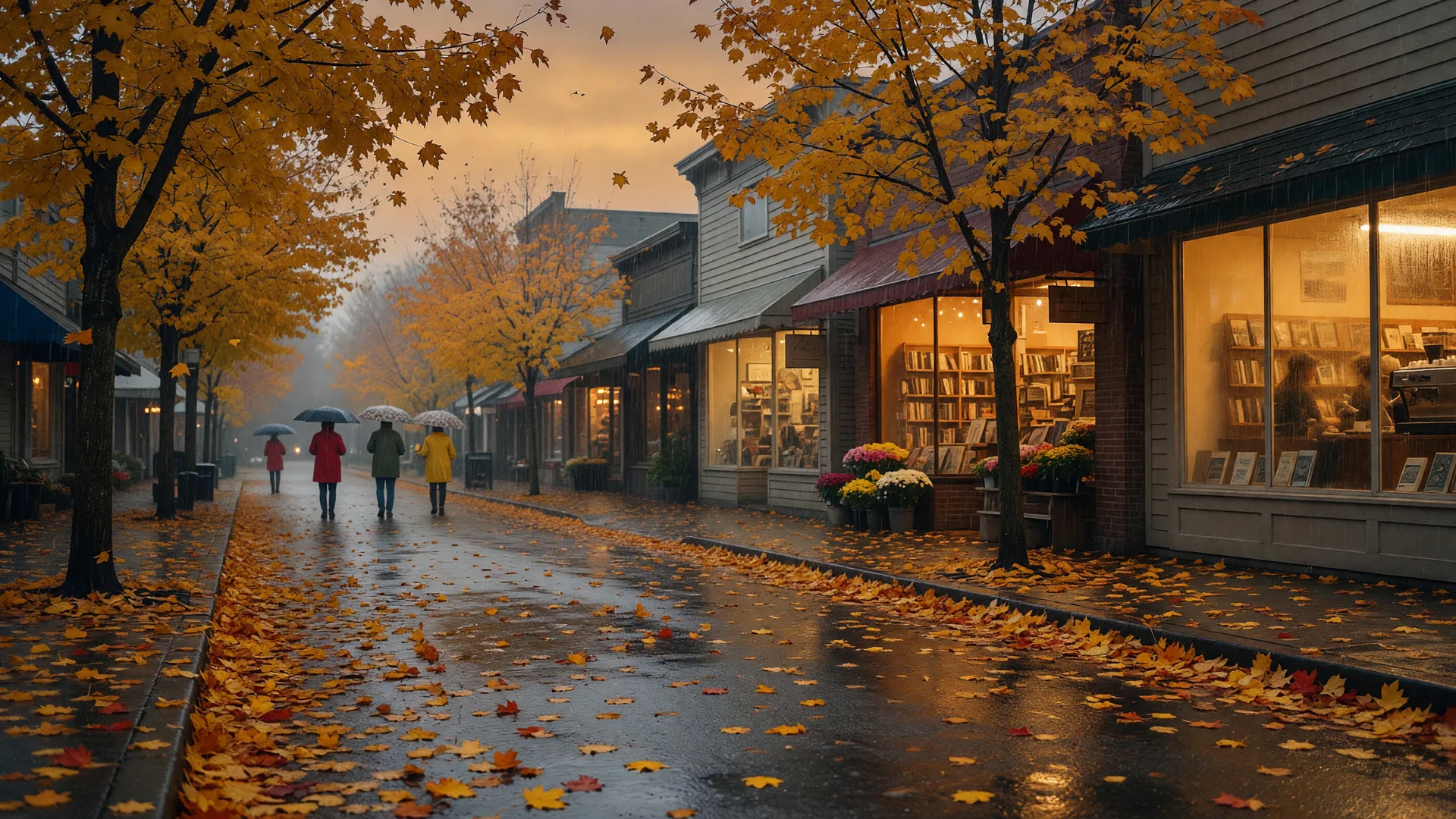 A Pacific Northwest village shopping street on a rainy autumn morning with golden maples, glowing storefront lights and distant pedestrians with umbrellas
