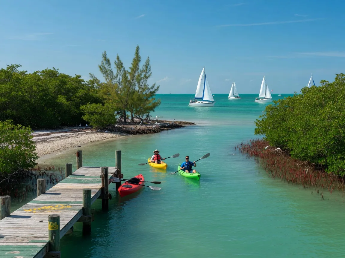 Biscayne Bay near Cutler Bay on a clear afternoon, turquoise water, mangroves, and a wooden kayak launch with small sails in the distance