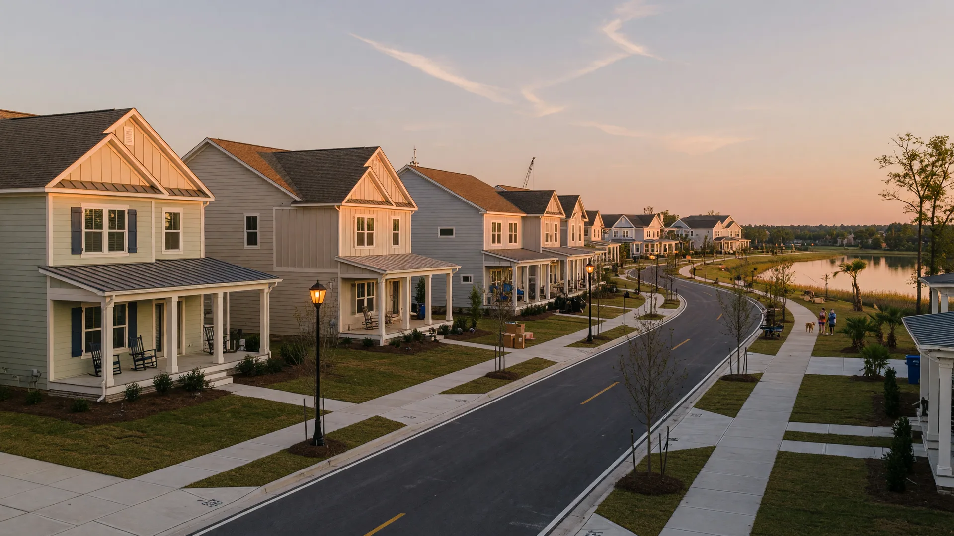 Two-story new-construction homes in a South Carolina master-planned community at golden hour, with young live oaks, sidewalks, and a lake in the distance