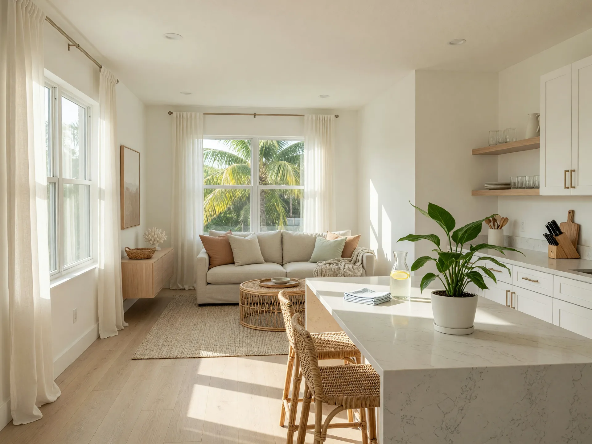 Bright open-concept kitchen and living room in a coastal modern Florida home with white cabinetry, a light quartz island, and warm natural light