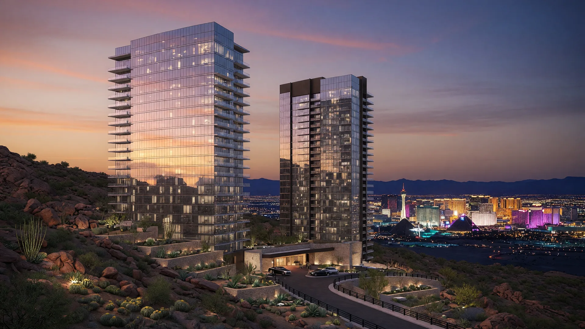 Artist's rendering of the Four Seasons Private Residences Las Vegas, two glass towers rising from the MacDonald Highlands ridge at twilight with the Las Vegas Strip in the distance