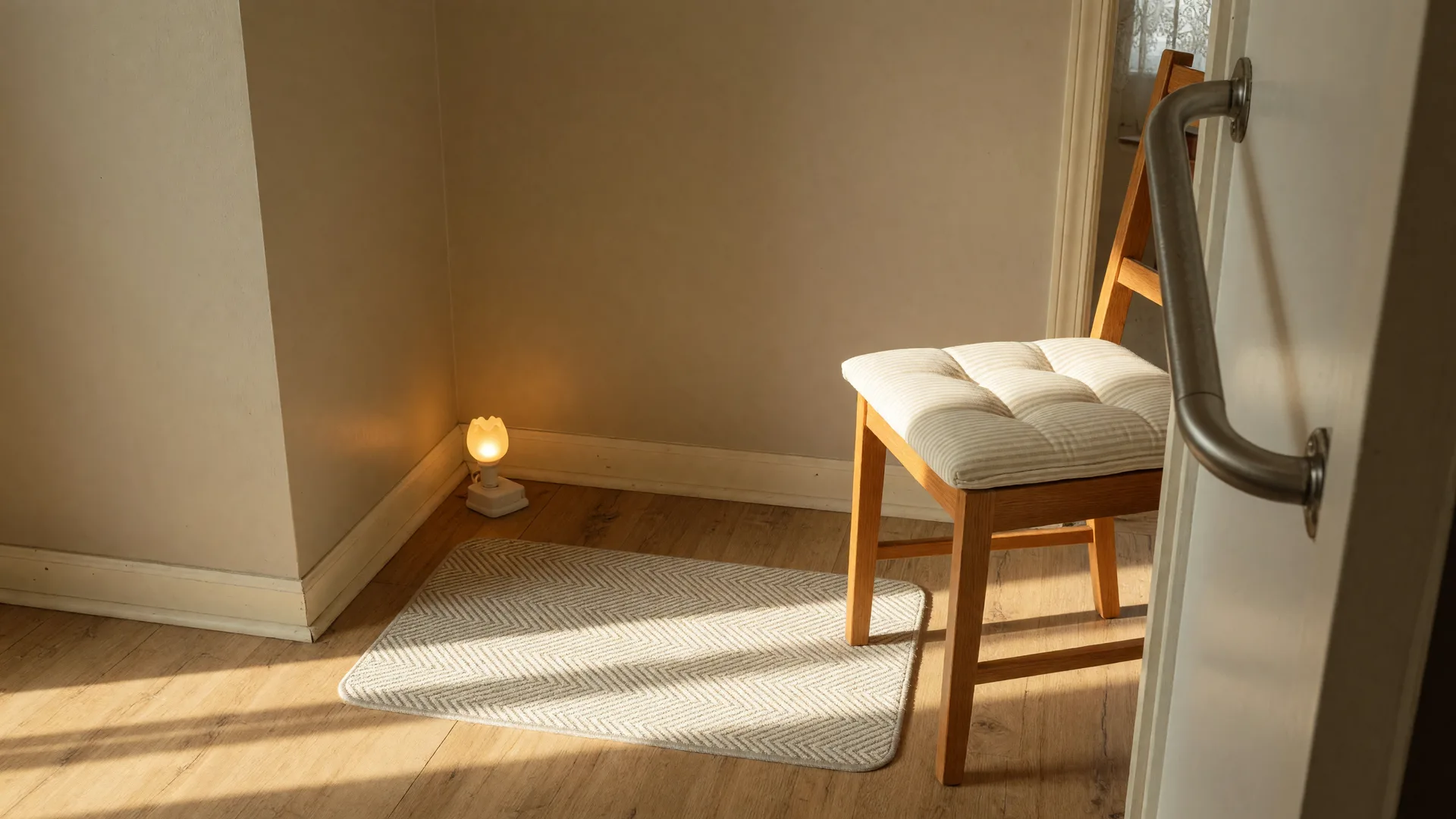 A bright hallway corner in a Northwest Indiana ranch home with a new grab bar beside the doorframe, a glowing nightlight, a non-slip mat, and a cushioned chair