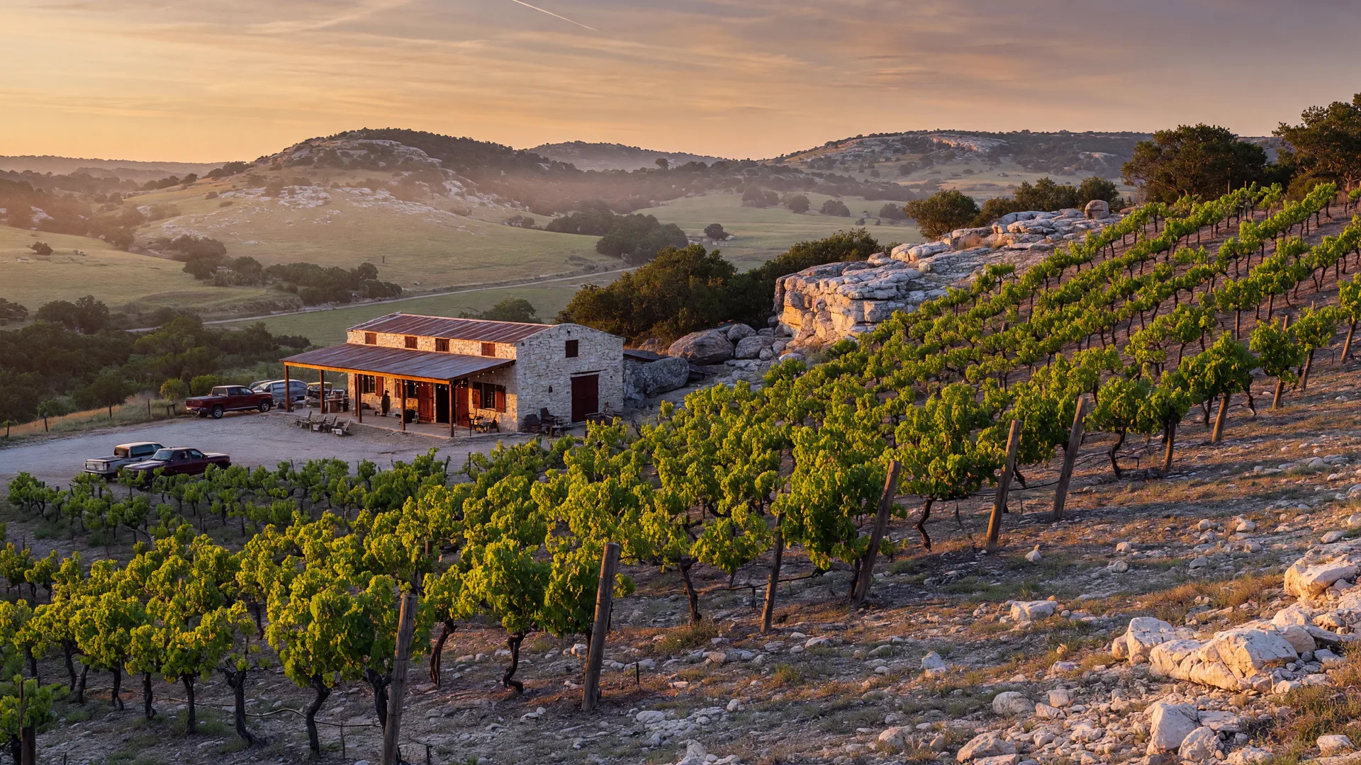 Golden-hour vineyard rows descending a limestone slope toward a rustic tasting room