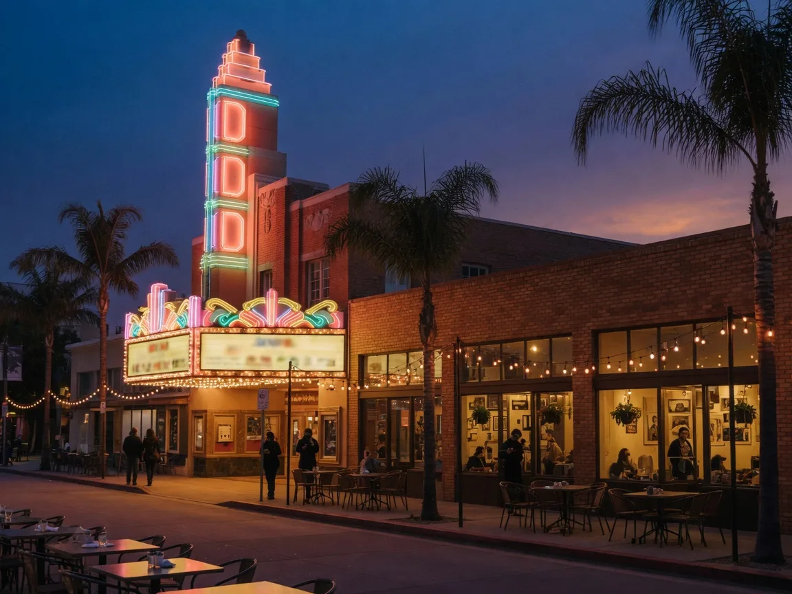 An Art Deco theater marquee glowing over a lively Fresno street at twilight