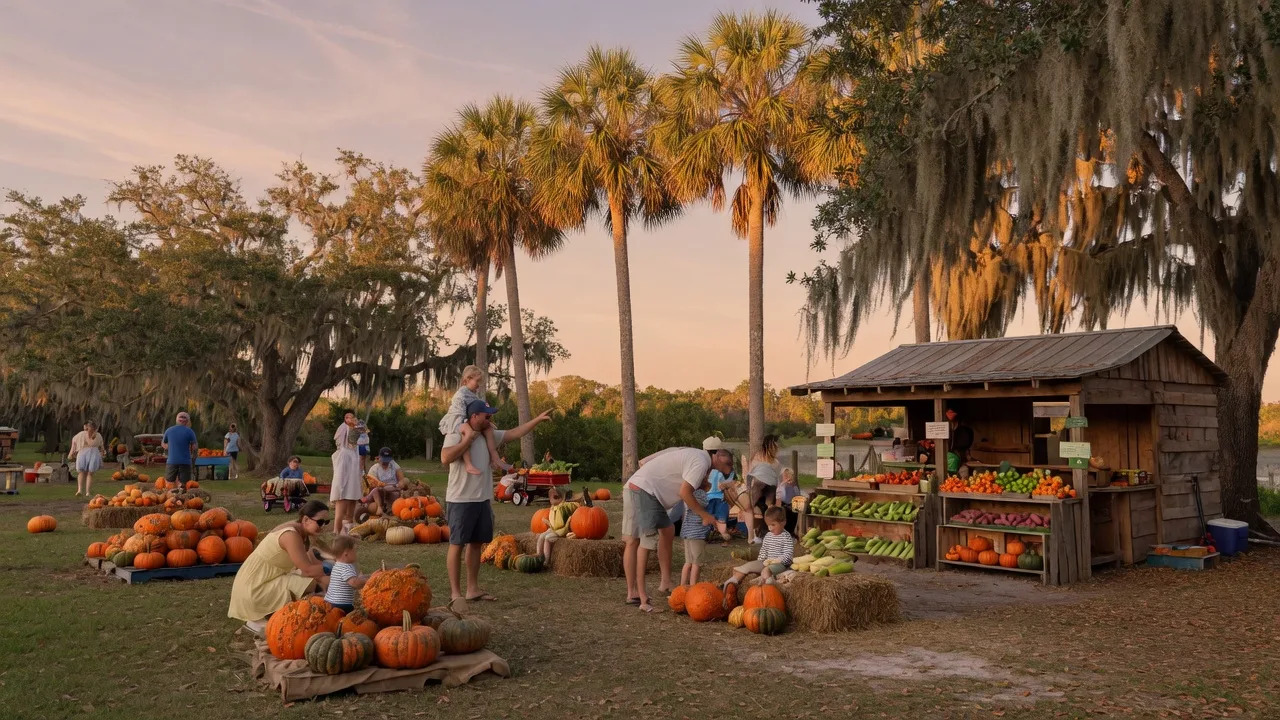A pumpkin festival at golden hour in coastal southwest Florida with bales of hay and pumpkins under palm trees and oak branches draped in Spanish moss