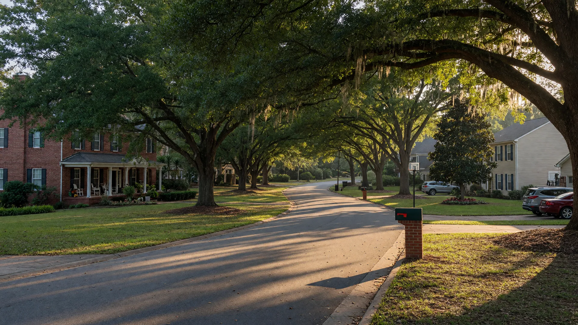 Tree-lined residential street in Lexington, South Carolina with mature hardwoods arching over the road and well-kept brick homes in golden afternoon light