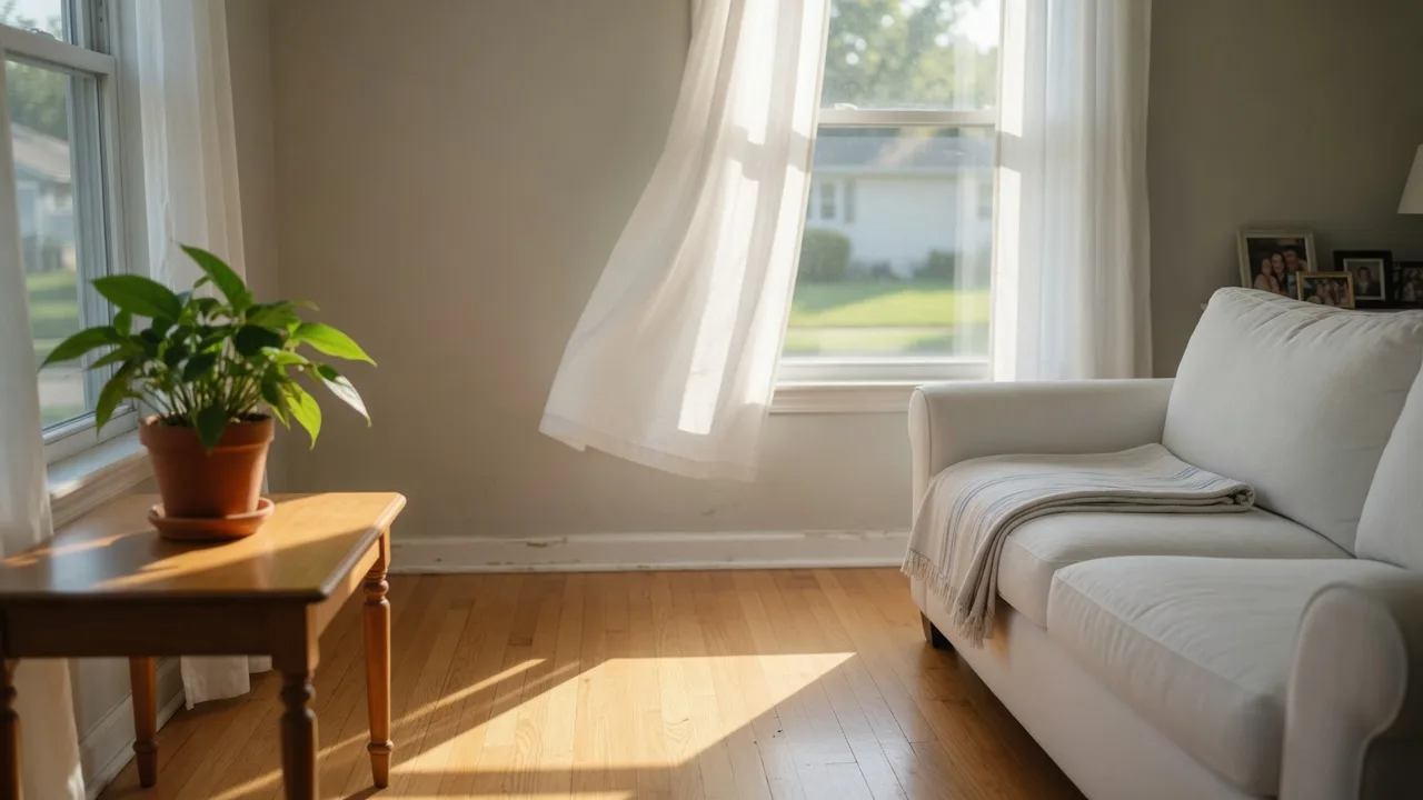 A bright, sunlit living room with an open window and sheer curtains, representing healthy low-humidity indoor air in a Delran home