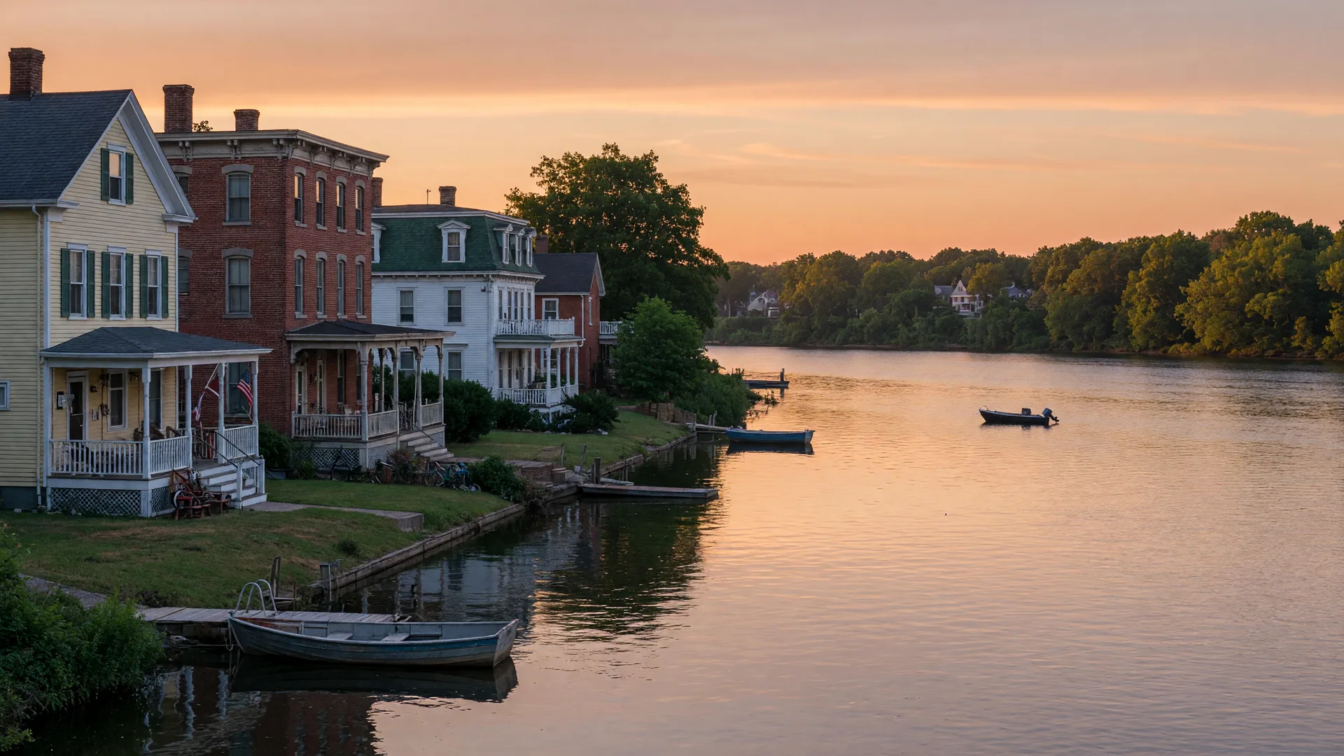 Historic 19th-century homes along the Delaware River waterfront in Beverly New Jersey, with a small boat dock and golden sunset light reflecting on the calm river