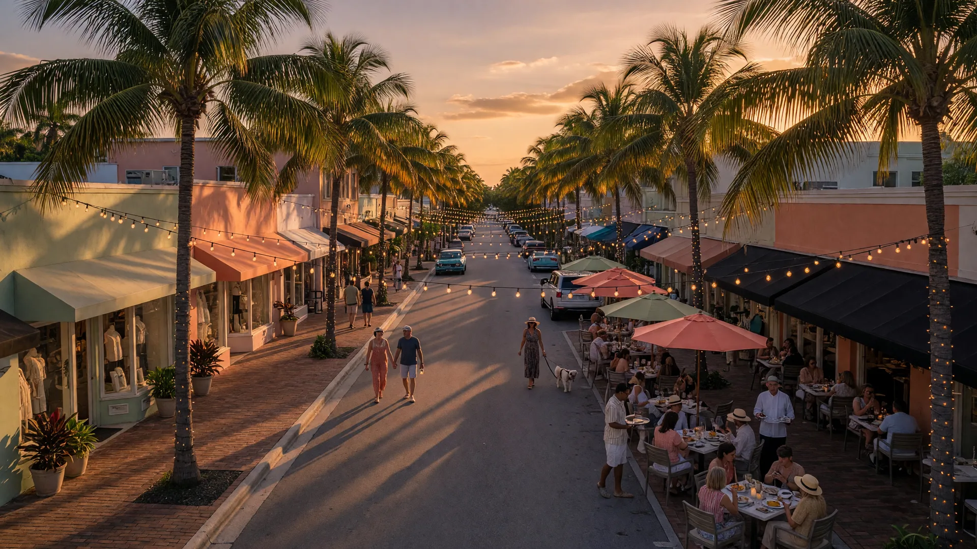 Atlantic Avenue in Delray Beach at golden hour with string lights and outdoor dining