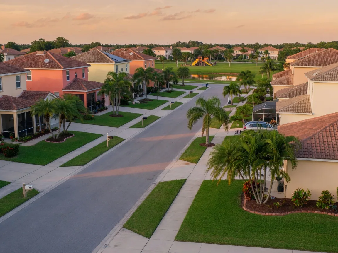 Suburban street with tile-roof homes and palms in Kendall