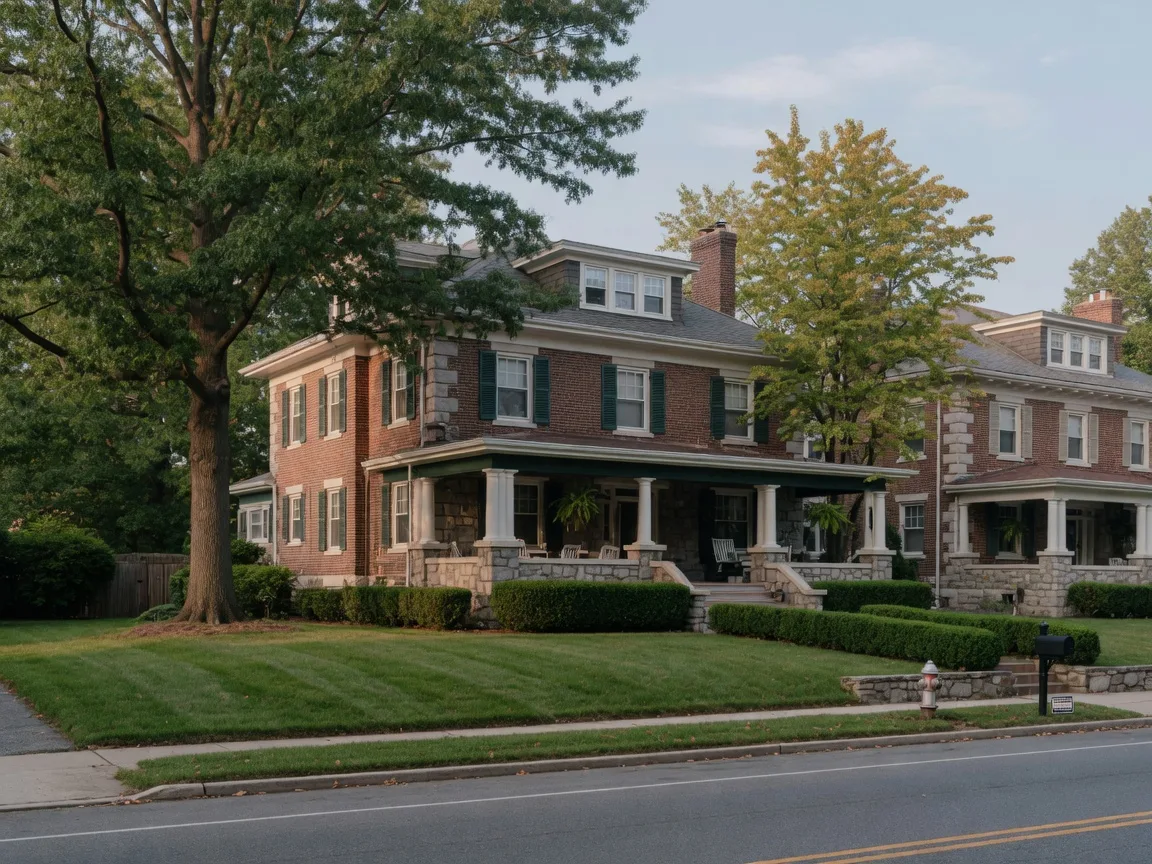 A substantial older Colonial-style detached home with a covered front porch and spacious lawn on a tree-lined street in East Oak Lane, Northwest Philadelphia
