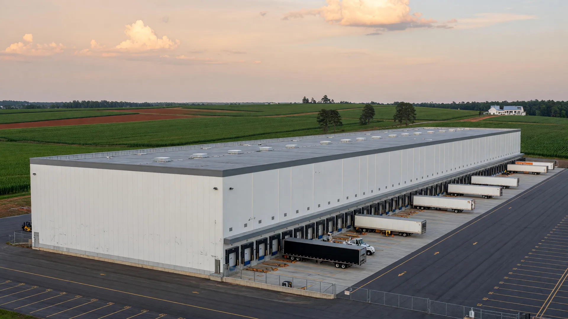 A vast automated fulfillment center with white paneled walls and a long line of truck docks set in northeast Georgia farmland at late afternoon