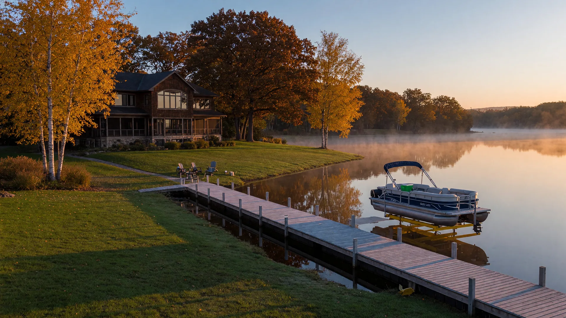 Premium Gull Lake Minnesota waterfront estate on a calm October morning with golden birch and oak trees, a long private wooden dock with a boat lift and moored pontoon, and a spacious lake home set back on a level grassy shoreline