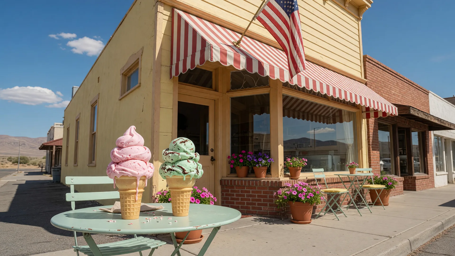 A cheerful Carson City ice cream parlor storefront with a striped awning, outdoor tables, and two cones under a summer sky.