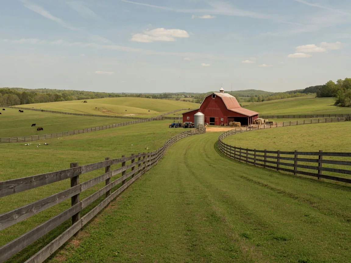 Rolling farm landscape in North Georgia with green pastures and red barn