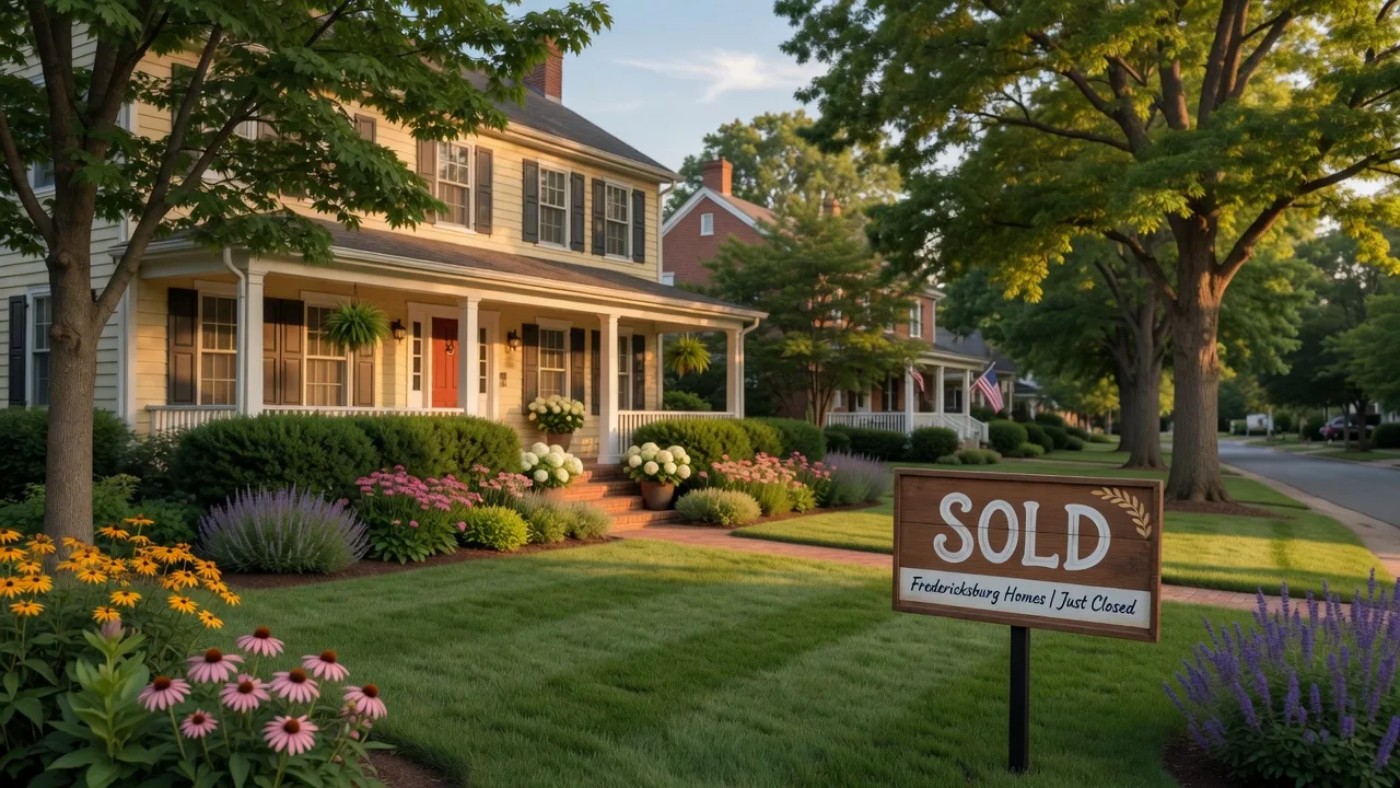 Fredericksburg VA home sold with Barbara Jennings — beautiful suburban property with SOLD sign at golden hour