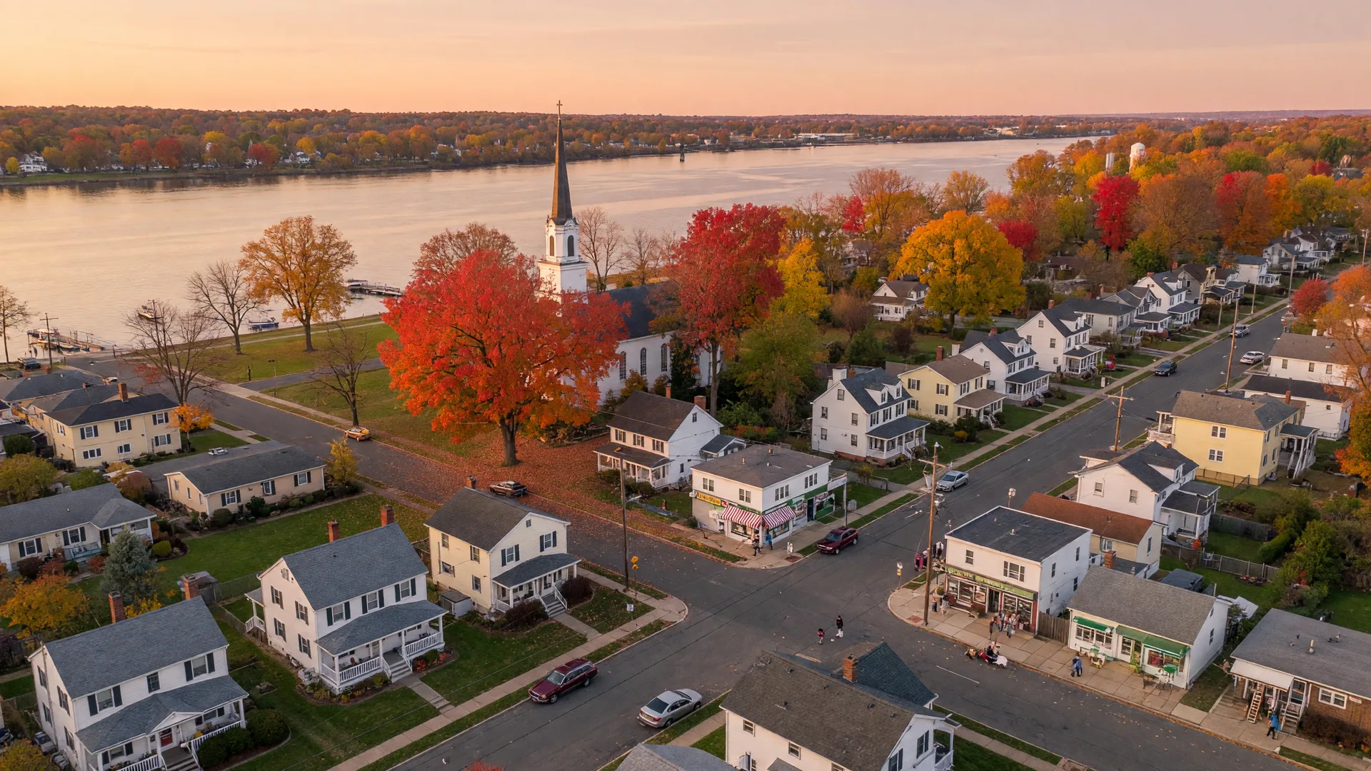 Aerial view of Delran, NJ showing tree-lined streets and the Delaware River