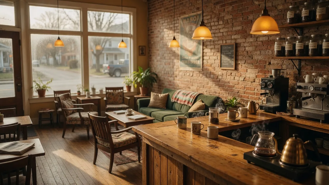The warm and inviting interior of a locally owned coffee and tea house in a small Ohio town with exposed brick walls and warm pendant lighting