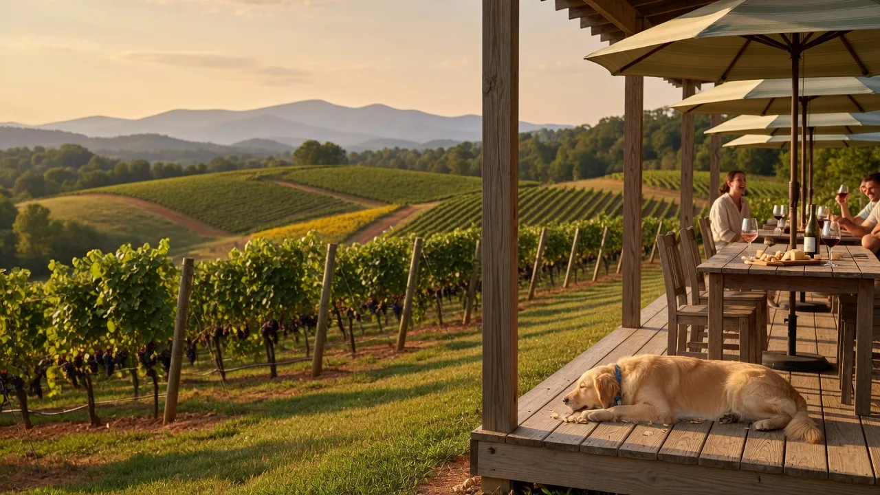 A scenic Loudoun County vineyard on a sunny afternoon with rolling hills, neat rows of grapevines, and a dog-friendly tasting patio in the foreground