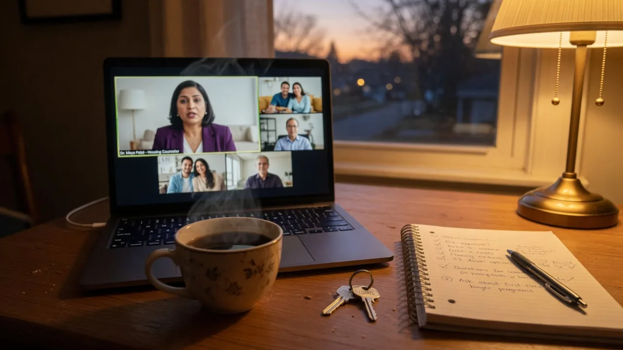 A laptop showing a live homebuyer webinar with a notebook, coffee, and a brass house key on a desk at dusk