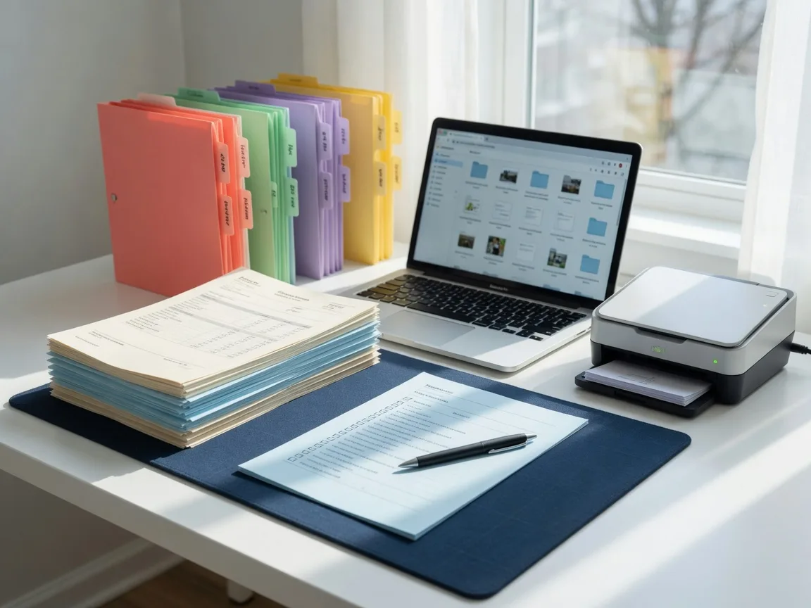 Organized financial documents, tabbed folders, laptop and scanner on a bright documentation workspace.